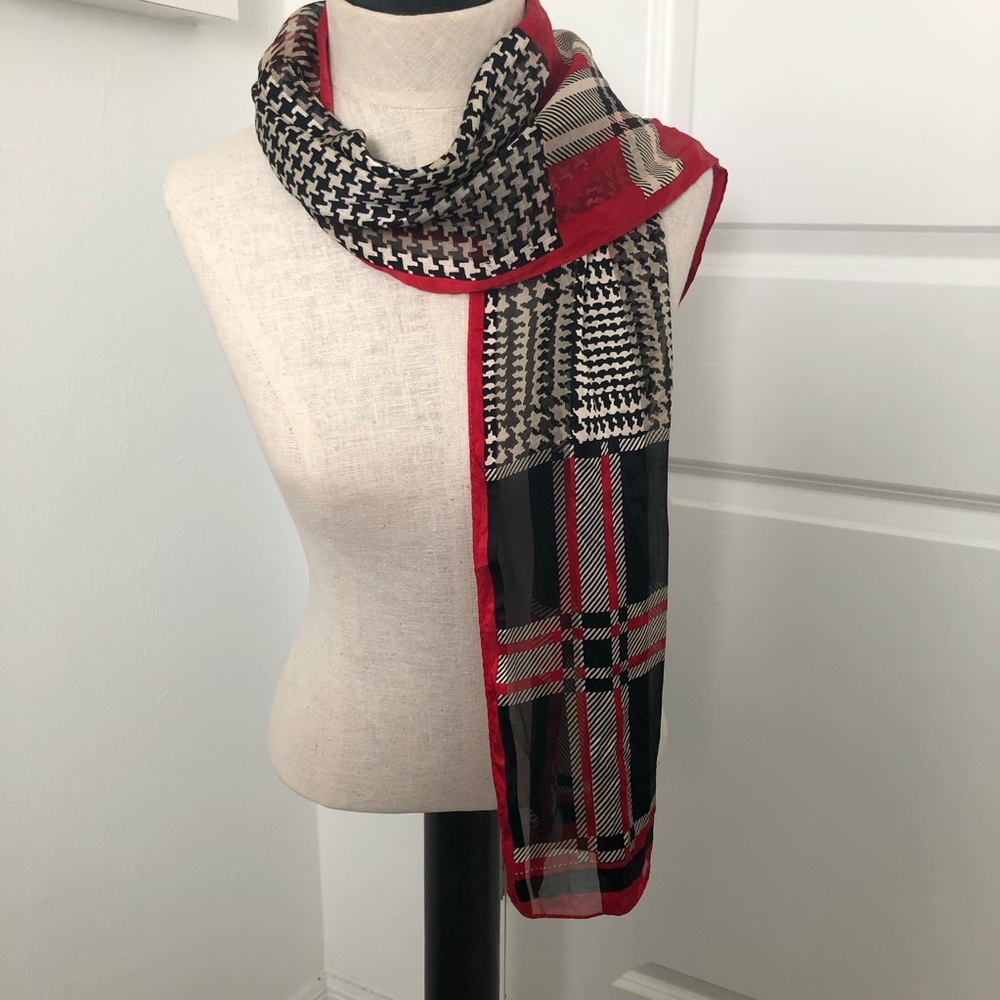 Adrienne Vittadini Red and Black Plaid Houndstooth Silk Scarf